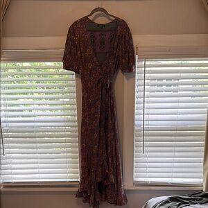 Red Ruffled Wrap Maxi Dress with Puff Sleeves